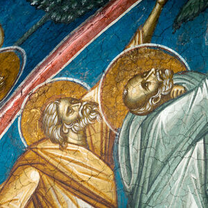 27a The Virgin, Two Angels and Six Apostles, a detail of the Ascension of Christ